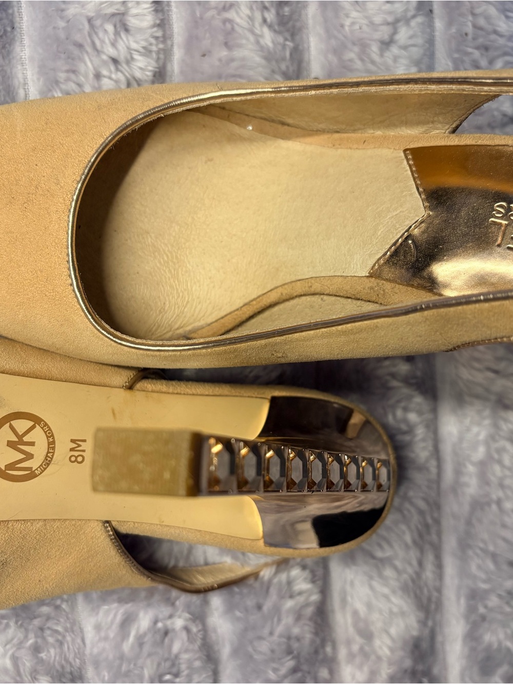 Michael Kors Nude Suede Block Heel Pumps with Metallic Studded Heel